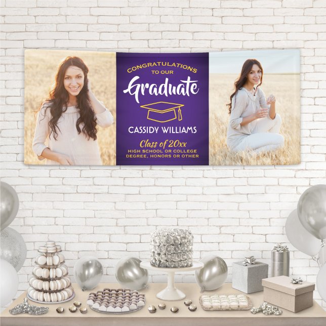 Congrats 2 Photo Purple Gold Yellow Graduation Banner (Creator Uploaded)