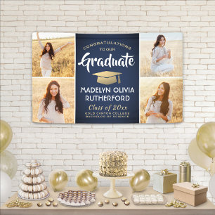 Congrats 4 Photo Navy Blue Gold & White Graduation Banner