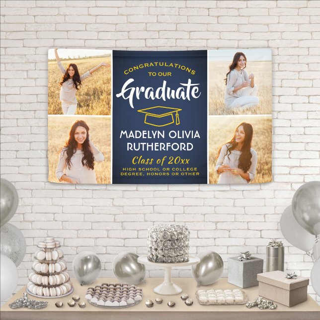Congrats 4 Photo Navy Blue Gold Yellow Graduation Banner (Creator Uploaded)