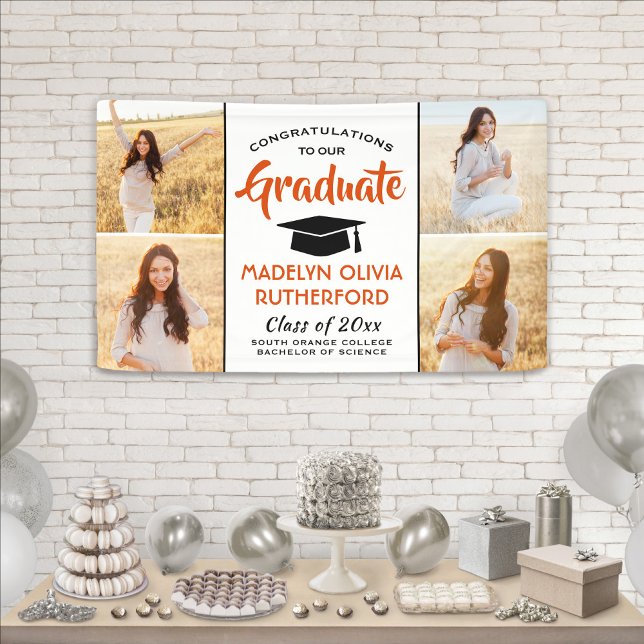 Congrats 4 Photo Orange Black and White Graduation Banner (Creator Uploaded)