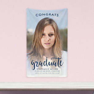 Congrats Blue Script Photo Graduation Banner
