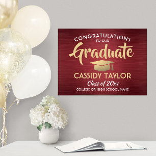Congrats Brushed Burgundy Red and Gold Graduation Poster