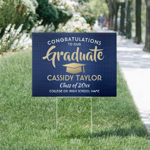 Congrats Brushed Navy Blue Gold White Graduation Garden Sign