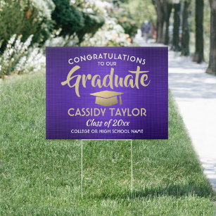 Congrats Brushed Purple Gold White Graduation Yard Garden Sign