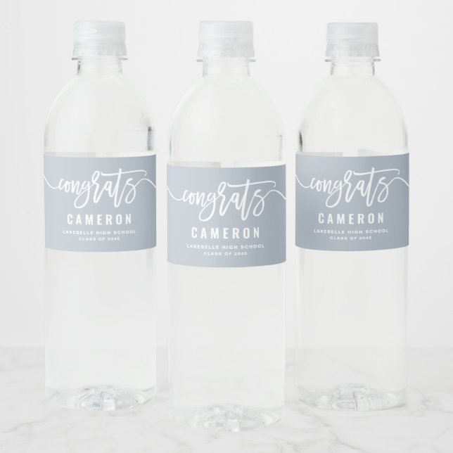 Congrats Calligraphy Dusty Blue Graduation Water Bottle Label (Bottles)