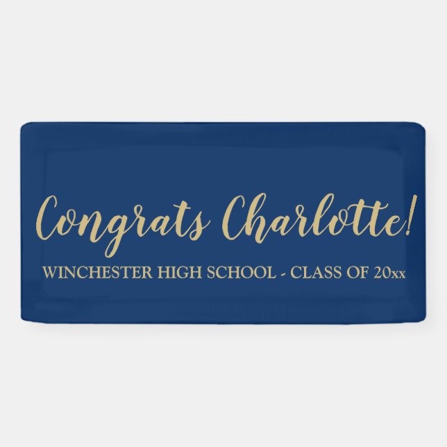 Congrats dark blue gold custom script graduation banner (Horizontal)