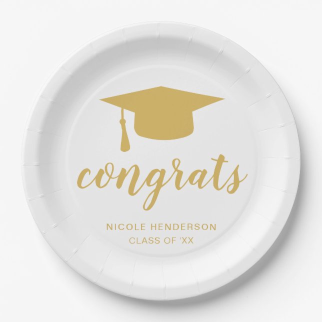 Congrats Elegant Gold and White Graduation Cap Paper Plate (Front)