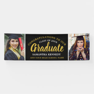 Congrats Grad 2 Photo Black And Gold Graduation Banner