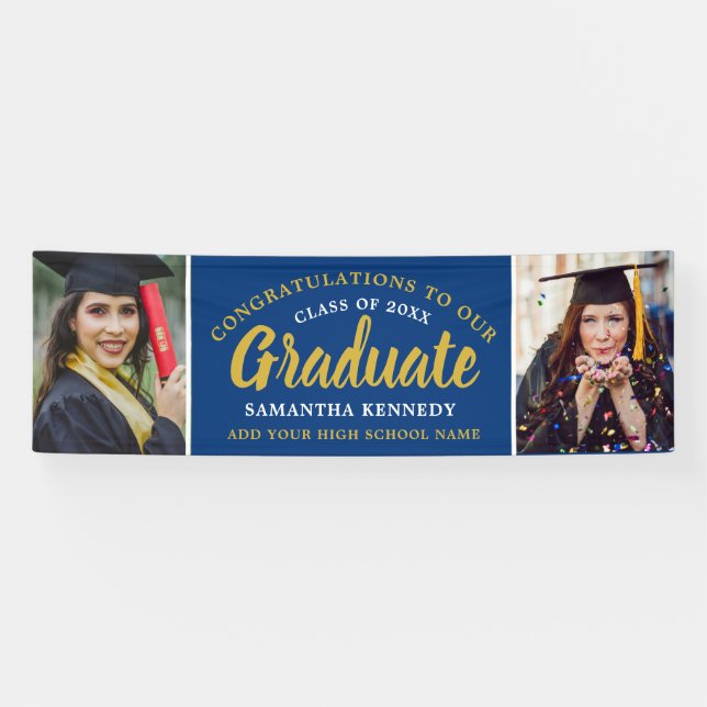 Congrats Grad 2 Photo Blue And Gold Graduation Banner (Horizontal)