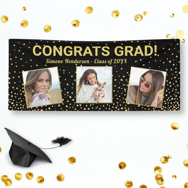 Congrats Grad 3 Photos Black Gold Glitter Custom Banner (Creator Uploaded)