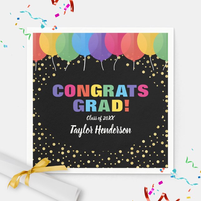 Congrats Grad Balloons Gold Confetti Graduation Napkin (Creator Uploaded)