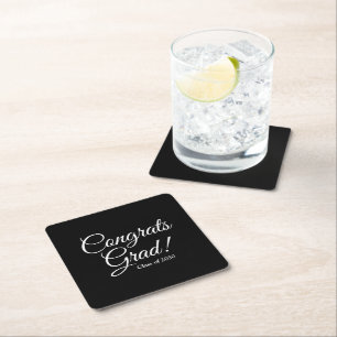 Congrats grad black elegant script class year square paper coaster