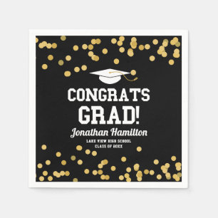 Congrats Grad Black Gold Confetti Grad Party Napkin