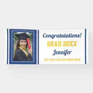 Congrats Grad Blue Gold White Photo Graduation Banner