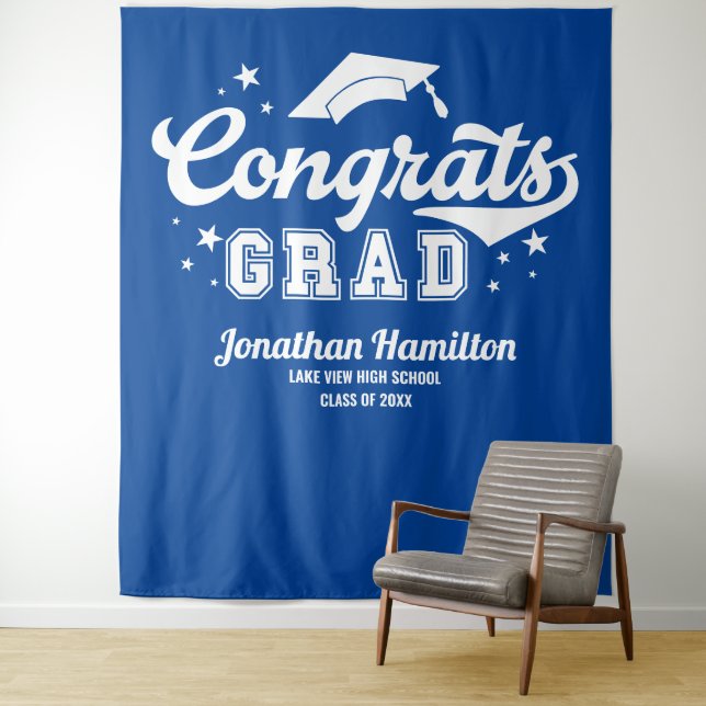 Congrats Grad Blue Graduation Party Backdrop Tapestry (In Situ)