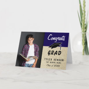 Congrats Grad Blue Rustic Photo Graduation Card