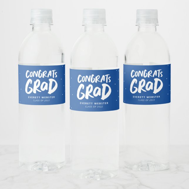 Congrats grad bold blue personalised graduation water bottle label (Bottles)