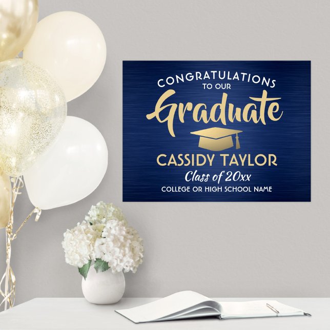 Congrats Grad Brushed Navy Blue & Gold Graduation Poster (Creator Uploaded)