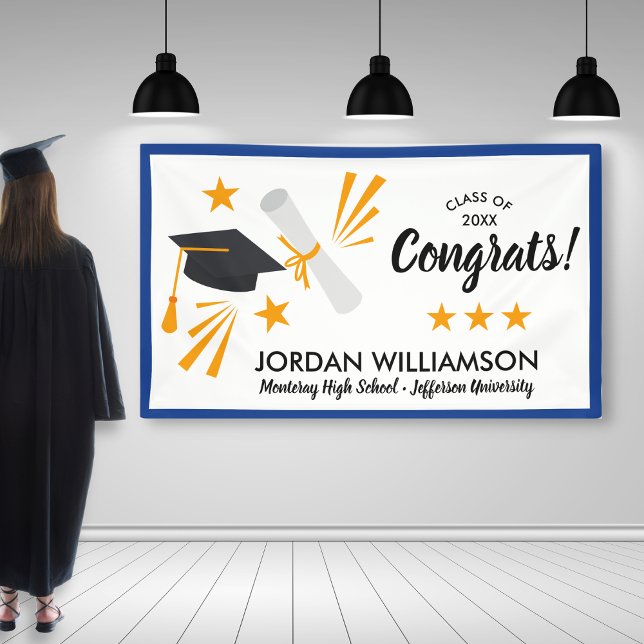 Congrats Grad Cap Diploma Blue Graduation Party Banner (Creator Uploaded)