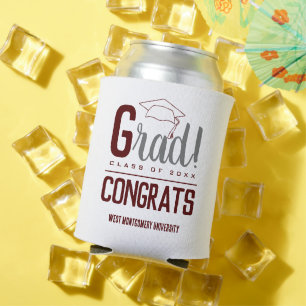 Congrats Grad Cap Maroon and Grey Can Cooler