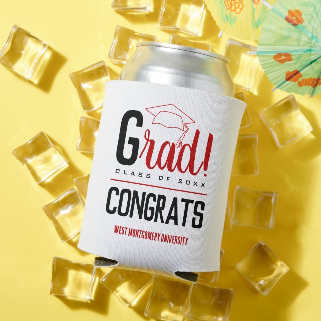 Congrats Grad Cap Scarlet and Black Can Cooler (In Situ Summer)
