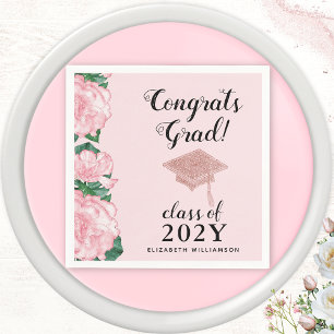 Congrats Grad Class 2025 Floral Pink Graduation Napkin