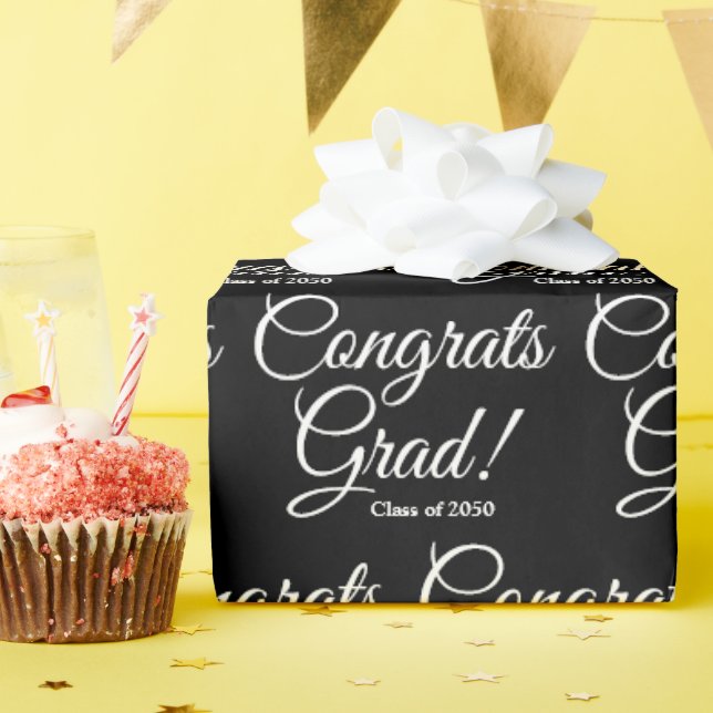 Congrats grad class of 2024 black script pattern wrapping paper (Birthday Party)