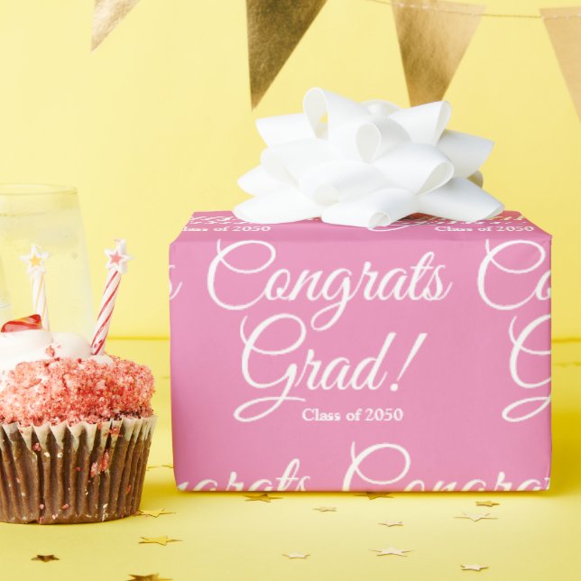 Congrats grad custom class year script girly pink wrapping paper (Birthday Party)