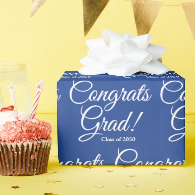 Congrats grad custom class year script royal blue wrapping paper (Birthday Party)
