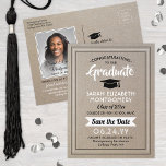 Congrats Grad Faux Kraft Paper Save the Date Photo Announcement Postcard<br><div class="desc">Share the joyful news of an upcoming graduation party with custom photo faux kraft paper save the date postcard invitations. The picture and wording on this template are simple to personalise with graduate name, class year and other announcement details of your choice. The beige, black and white design features a...</div>