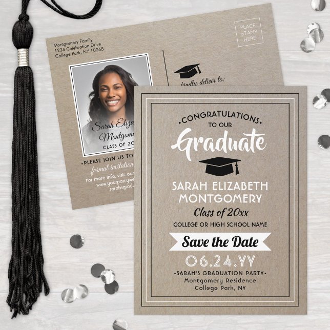 Congrats Grad Faux Kraft Paper Save the Date Photo Announcement Postcard (Creator Uploaded)