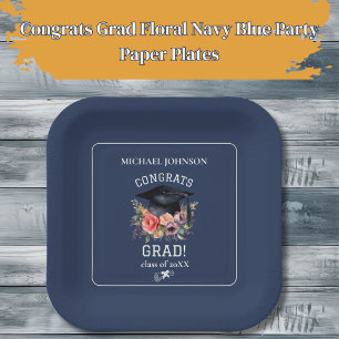 Congrats Grad Floral Navy Blue Party Paper Plate