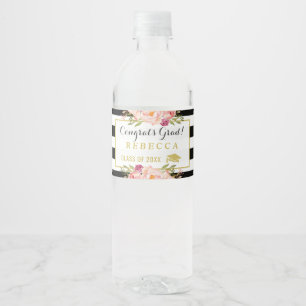 Congrats Grad Floral Stripes Glam Graduation Party Water Bottle Label