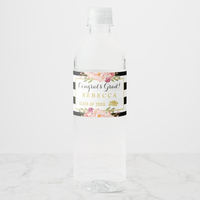 Congrats Grad Floral Stripes Glam Graduation Party Water Bottle Label (Front)