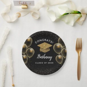 Congrats Grad Gold Confetti Balloons Graduation Paper Plate