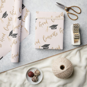 Congrats Grad Gold Foil Graduation Cap and Tassel Wrapping Paper