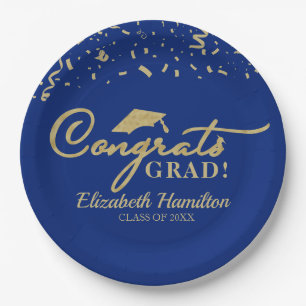 Congrats Grad Gold Script Graduation Party Blue Paper Plate