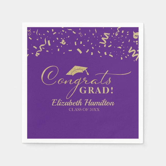 Congrats Grad Gold Script Graduation Purple Napkin (Front)