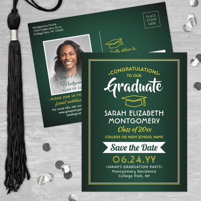 Congrats Grad Green and Gold Save the Date Photo Announcement Postcard (Creator Uploaded)