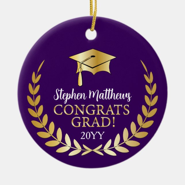 Congrats Grad Laurel Wreath Year Name Dk Purple Ceramic Tree Decoration (Front)