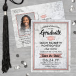 Congrats Grad Marble and Pink Save the Date Photo Announcement Postcard<br><div class="desc">Share the joyful news of an upcoming graduation party with custom photo faux rose gold foil and marble save the date postcard invitations. The picture and wording on this template are simple to personalise with graduate name, class year and other announcement details of your choice. The design features a white...</div>