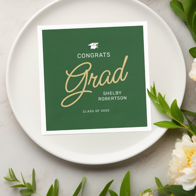 Congrats Grad Modern Script Green Graduation Napkin (Creator Uploaded)