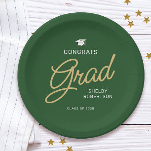 Congrats Grad Modern Script Green Graduation Paper Plate