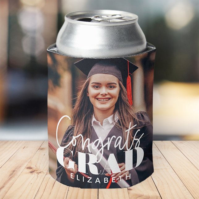Congrats Grad Modern Simple Script Custom Photo Can Cooler (Creator Uploaded)