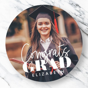 Congrats Grad Modern Simple Script Custom Photo Classic Round Sticker