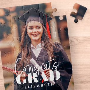 Congrats Grad Modern Simple Script Custom Photo Jigsaw Puzzle