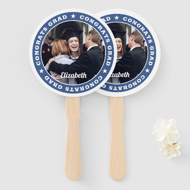 Congrats Grad Modern Simple Stars Custom Photo Hand Fan (Front and Back)