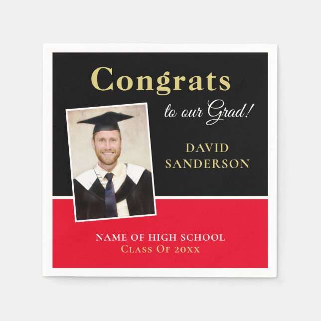 Congrats Grad Name Photo Black Red Gold Napkin (Front)