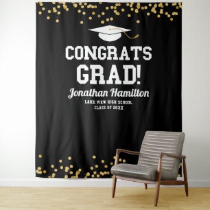 Congrats Grad Navy Black Grad Party Backdrop Tapestry
