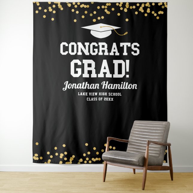 Congrats Grad Navy Black Grad Party Backdrop Tapestry (In Situ)